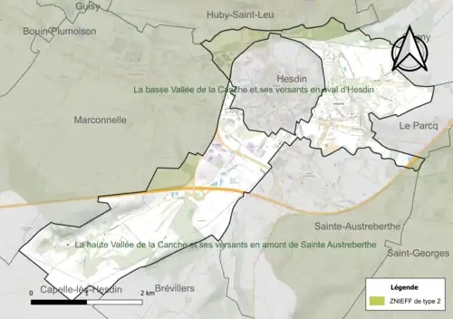 Carte de la ZNIEFF de type 2 sur la commune.