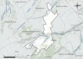 Carte en couleur présentant le réseau hydrographique de la commune