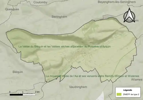 Carte des ZNIEFF de type 2 sur le territoire de la commune.
