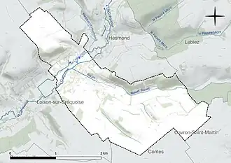 Carte en couleur présentant le réseau hydrographique de la commune