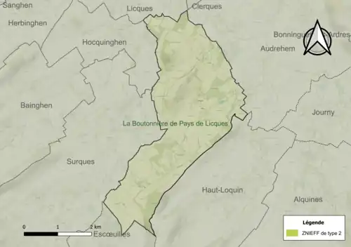 Carte de la ZNIEFF de type 2 sur la commune.