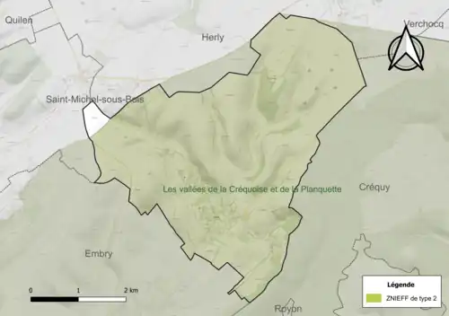 Carte de la ZNIEFF de type 2 sur la commune.