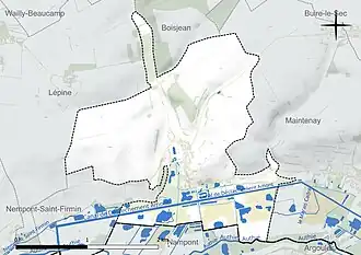 Carte en couleur présentant le réseau hydrographique de la commune