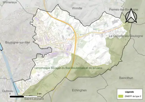 Carte de la ZNIEFF de type 2 sur la commune.