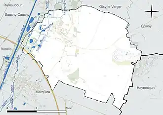 Carte en couleur présentant le réseau hydrographique de la commune