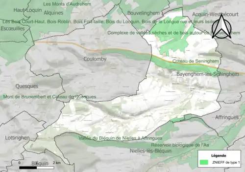 Carte des ZNIEFF de type 1 sur la commune.