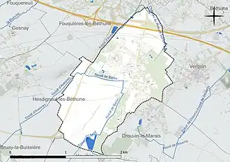 Carte en couleur présentant le réseau hydrographique de la commune