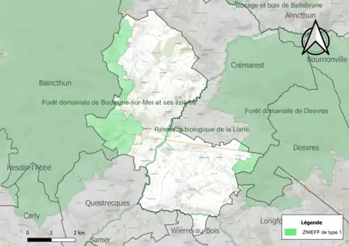Carte des ZNIEFF de type 1 sur la commune.