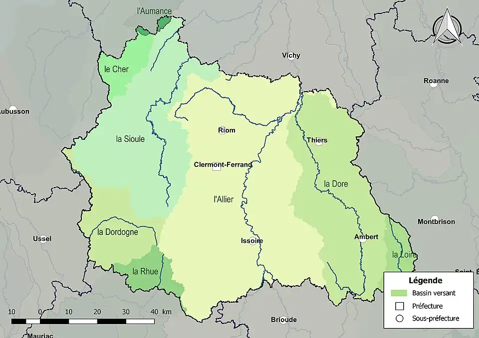 Les principaux bassins versants du département du Puy-de-Dôme.