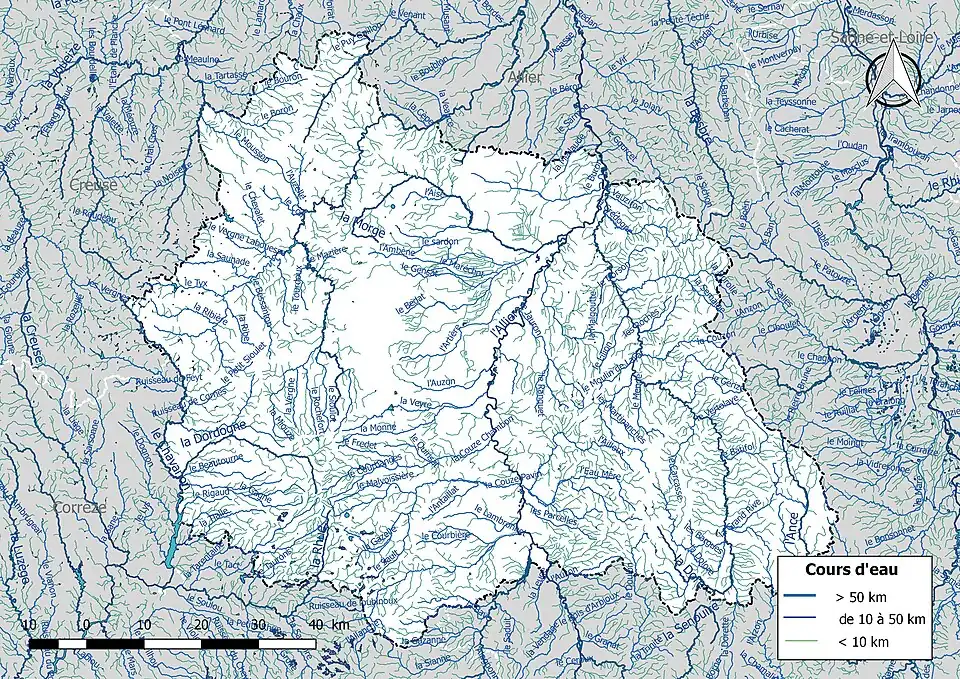 Carte de l'ensemble du réseau hydrographique du Puy-de-Dôme.