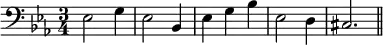 \relative c { \clef "bass" \key ees \major \time 3/4 ees2 g4 ees2 bes4 ees g bes ees,2 d4 cis2. \bar "||"} 