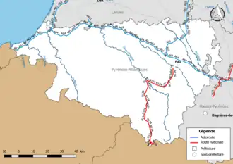 Carte du réseau routier national (autoroutes et routes nationales) dans le département des Pyrénées-Atlantiques