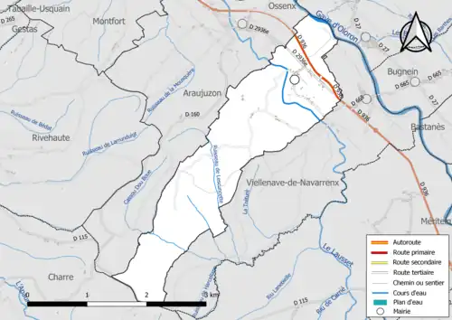 Carte en couleur présentant le réseau hydrographique de la commune