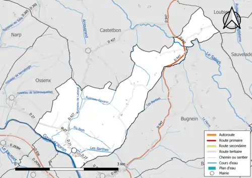 Carte en couleur présentant le réseau hydrographique de la commune