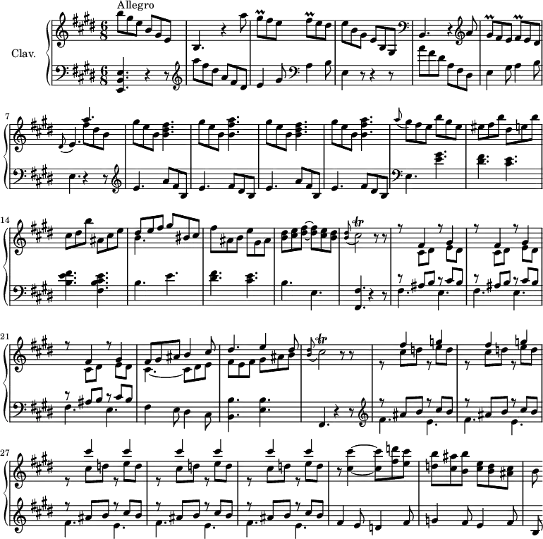
\version "2.18.2"
\header {
  tagline = ##f
  % composer = "Domenico Scarlatti"
  % opus = "K. 135"
  % meter = "Allegro"
}

%% les petites notes
trillGisq        = { \tag #'print { gis8\prall } \tag #'midi { a32 gis a gis } }
trillFisq        = { \tag #'print { fis8\prall } \tag #'midi { gis32 fis gis fis } }
trillCisb        = { \tag #'print { cis2\trill } \tag #'midi { dis32 cis dis cis dis cis~ cis16~ cis4 } }

upper = \relative c'' {
  \clef treble 
  \key e \major
  \time 6/8
  \tempo 4. = 96
  \set Staff.midiInstrument = #"harpsichord"
  \override TupletBracket.bracket-visibility = ##f

      s8*0^\markup{Allegro}
      b'8 gis e b gis e | b4. r4 a''8 | \trillGisq fis8 e \trillFisq e dis | e b gis e b gis |   \clef bass
      % ms. 5
      b,4. r4  \clef treble a''8 | \trillGisq fis8 e \trillFisq e dis | \appoggiatura dis8 e4. << { a'4. } \\ { fis8 dis b } >> |
      % ms. 8
      \repeat unfold 2 { gis'8 e b < b dis fis >4. | gis'8 e b < b fis' a >4. } | \appoggiatura a'8 gis8 fis e b' gis e | eis fis b dis, e b' | cis, dis b' | ais, cis e |
      % ms. 15
      << { dis8 e fis | gis bis, cis } \\ { b4. } >> | fis'8 ais,  b e gis, ais | < b dis >8 < cis e > < dis fis >~ q8 < cis e > < b dis > | \appoggiatura < b dis >8 \trillCisb r8 r8 |
      % ms. 19
      \repeat unfold 3 { << { r8 fis,4 r8 gis4 } \\ { s8 cis,8 dis s8 e dis } >> } | << { fis8 gis ais b4 cis8 | dis4. e4 dis8 } \\ { cis,4.~ cis8 dis e| fis e fis gis ais b } >> | \appoggiatura < b dis >8 \trillCisb r8 r8 |
      % ms. 25
      \repeat unfold 2 { << { s8 fis4 s8 g4 } \\ { r8 cis,8 d r8 e8 d } >> } | \repeat unfold 3 { << { s8 cis'4 s8 cis4 } \\ { r8 cis,8 d r8 e d } >> }
      % ms. 30
      r8 < cis cis' >4~ q8 < fis d' >8 < e cis' > | < d b' > < cis ais' > < b b' > < cis e > < b d > < ais cis > | b8

}

lower = \relative c' {
  \clef bass
  \key e \major
  \time 6/8
  \set Staff.midiInstrument = #"harpsichord"
  \override TupletBracket.bracket-visibility = ##f

    % ************************************** \appoggiatura a16  \repeat unfold 2 {  } \times 2/3 { }   \omit TupletNumber 
      < e,, b' e >4. r4 r8 |   \clef treble  a'''8 fis dis a fis dis | e4 gis8   \clef bass  a,4 b8 | e,4 r8 r4 r8 |
      % ms. 5
      a'8 fis dis a fis dis | e4 gis8 a4 b8 | e,4. r4 r8 |  \clef treble 
      % ms. 8
      \repeat unfold 2 { e'4. a8 fis b, | e4. fis8 dis b } |   \clef bass  e,4. < e' gis >4. | < dis fis > < cis e > | < b e fis > < fis b cis e > |
      % ms. 15
      b4. e | < dis fis > < cis e > | b e, | < fis, fis' >4. r4 r8 | 
      % ms. 19
      \repeat unfold 3 { << { r8 ais'8 b r8 cis8 b } \\ { fis4. e } >> } | << {} \\ { fis4 e8 dis4 cis8 } >> | < b b' >4. < e b' > | fis,4. r4 r8 |  \clef treble 
      % ms. 25
      \repeat unfold 5 { << { r8 ais''8 b r8 cis8 b } \\ { fis4. e } >> } |
      % ms. 30
      fis4 e8 d4 fis8 | g4 fis8 e4 fis8 | b,8

}

thePianoStaff = \new PianoStaff <<
    \set PianoStaff.instrumentName = #"Clav."
    \new Staff = "upper" \upper
    \new Staff = "lower" \lower
  >>

\score {
  \keepWithTag #'print \thePianoStaff
  \layout {
      #(layout-set-staff-size 17)
    \context {
      \Score
     \override SpacingSpanner.common-shortest-duration = #(ly:make-moment 1/2)
      \remove "Metronome_mark_engraver"
    }
  }
}

\score {
  \keepWithTag #'midi \thePianoStaff
  \midi { }
}
