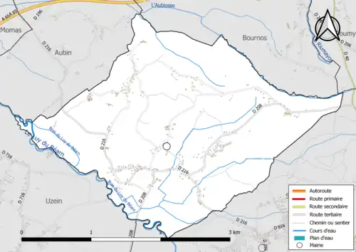 Carte en couleur présentant le réseau hydrographique de la commune