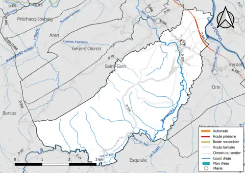 Carte en couleur présentant le réseau hydrographique de la commune
