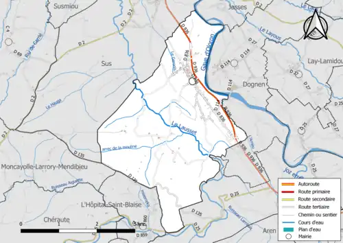Carte en couleur présentant le réseau hydrographique de la commune