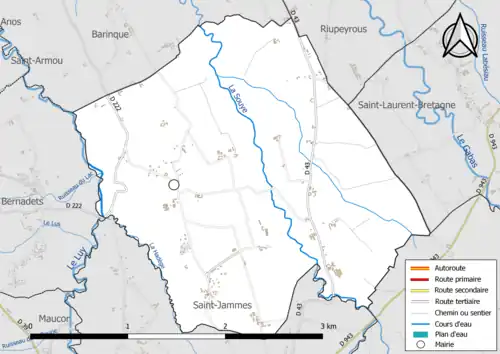 Carte en couleur présentant le réseau hydrographique de la commune