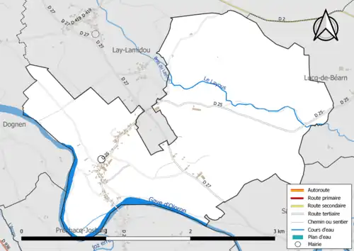 Carte en couleur présentant le réseau hydrographique de la commune