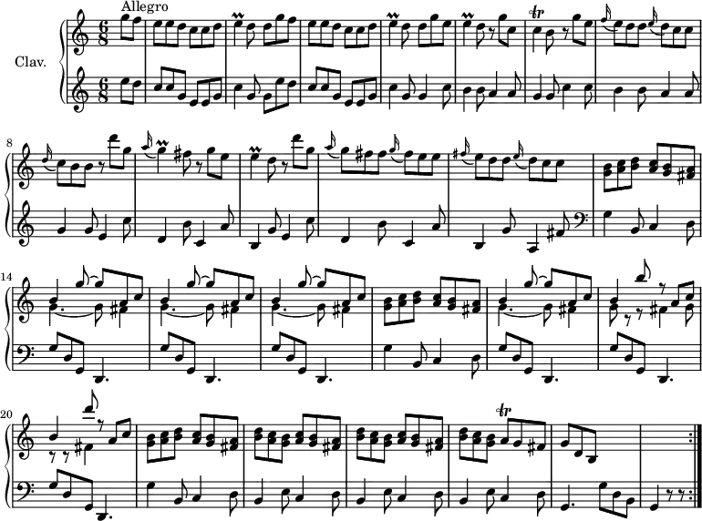 
\version "2.18.2"
\header {
  tagline = ##f
}

%% les petites notes
trillE = { \tag #'print { e4\prall } \tag #'midi { f16 e f e } }
trillEfis = { \tag #'print { e4\prall } \tag #'midi { fis16 e fis e } }
trillC = { \tag #'print { c4\trill } \tag #'midi { d16 c d c } }
trillG = { \tag #'print { g4\prall } \tag #'midi { a16 g a g } }
trillAq = { \tag #'print { a8\trill } \tag #'midi { \times 2/3 { a16 b a } } }

upper = \relative c'' {
  \clef treble 
  \key c \major
  \time 6/8
  \tempo 4. = 105
  \set Staff.midiInstrument = #"harpsichord"

      \partial 4
      s8*0^\markup{Allegro} % 
      \repeat unfold 2 { g'8 f e e d c c d | \trillE d8 d } g e |
      % ms. 5
      \trillE d8 r8 g8 c, \trillC b8 r8 g'8 e | \appoggiatura f16 e8 d d \appoggiatura e16 d8 c c | \appoggiatura d16 c8 b b r8 d'8 g, \appoggiatura a16 \trillG fis8 r8 g8 e |
      % ms. 10
     \trillEfis d8 r8 d'8 g, | \appoggiatura a16 g8 fis fis \appoggiatura g16 fis8 e e | \appoggiatura fis16 e8 d d  \appoggiatura e16 d8 c c | < g b >8 < a c > < b d > < a c > < g b > < fis a > | \repeat unfold 3 { << { b4 g'8~ g a, c } \\ { g4.~ g8 fis4 } >> } | < g b >8 < a c > < b d > < a c > < g b > < fis a > | << { b4 g'8~ g a, c } \\ { g4.~ g8 fis4 } >> | << { b4 b'8 r8 a, c | b4 d'8 r8 a, c } \\ { \repeat unfold 2 { g8 r8 r8 fis4 } } >> | < g b >8 < a c > < b d > < a c > < g b > < fis a > |
      % ms. 22
      \repeat unfold 2 { < b d >8 < a c > < g b >  < a c > < g b > < fis a > } |  \tempo 4. = 100 < b d >8 < a c > < g b > \trillAq g8 fis | g d b | s4. | s4. s8

}

lower = \relative c' {
  \clef bass
  \key c \major
  \time 6/8
  \set Staff.midiInstrument = #"harpsichord"

    % **************************************
       \clef treble  e'8 d | c c g  e e g | c4 g8 g e' d | c c g e e g | c4 g8 g 4 c8 | 
       % ms. 5
       b4 b8 a4 a8 | g4 g8 c4 c8 | b4 b8 a4 a8 | g4 g8 e4 c'8 | d,4 b'8 c,4 a'8 |
       % ms. 10
       b,4 g'8 e4 c'8 | d,4 b'8 c,4 a'8 | b,4 g'8 a,4 fis'8 |  \clef bass  \repeat unfold 2 { g,4 b,8 c4 d8 |
       % ms. 14
        \repeat unfold 3 { g8 d g, d4. } } | g'4 b,8 c4 d8 |
       % ms. 22
        \repeat unfold 3 { b4 e8 c4 d8 } g,4. g'8 d b |  \tempo 4. = 80 g4 r8 r8 \bar ":|."

}

thePianoStaff = \new PianoStaff <<
    \set PianoStaff.instrumentName = #"Clav."
    \new Staff = "upper" \upper
    \new Staff = "lower" \lower
  >>

\score {
  \keepWithTag #'print \thePianoStaff
  \layout {
      #(layout-set-staff-size 17)
    \context {
      \Score
     \override SpacingSpanner.common-shortest-duration = #(ly:make-moment 1/2)
      \remove "Metronome_mark_engraver"
    }
  }
}

\score {
  \keepWithTag #'midi \thePianoStaff
  \midi { }
}
