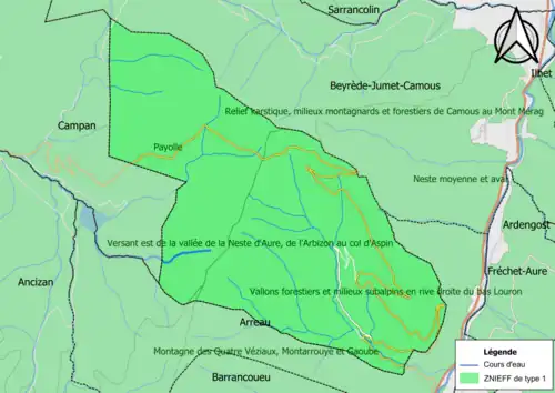 Carte des ZNIEFF de type 1 sur la commune.