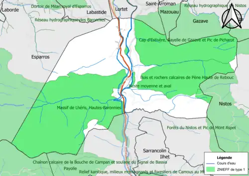 Carte des ZNIEFF de type 1 sur la commune.