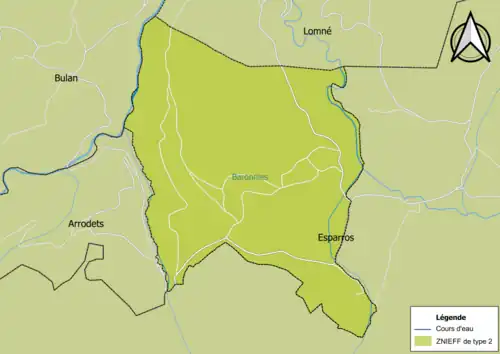 Carte de la ZNIEFF de type 2 sur la commune.