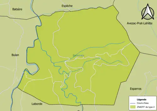 Carte de la ZNIEFF de type 2 sur la commune.