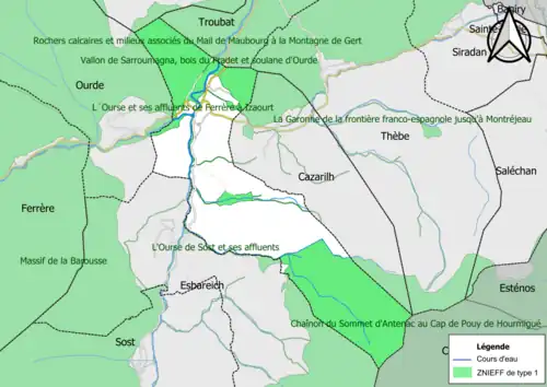 Carte des ZNIEFF de type 1 sur la commune.