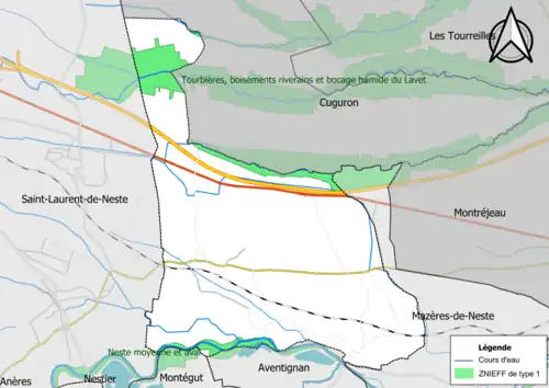 Carte des ZNIEFF de type 1 sur la commune.