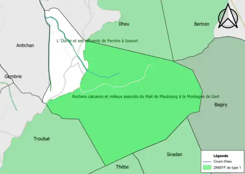 Carte des ZNIEFF de type 1 sur la commune.