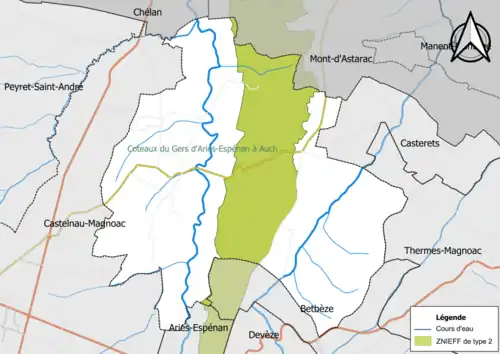 Carte de la ZNIEFF de type 2 sur la commune.