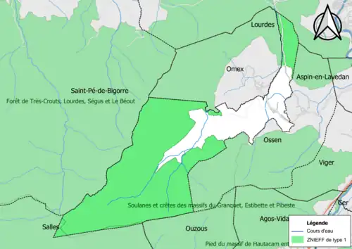 Carte des ZNIEFF de type 1 sur la commune.
