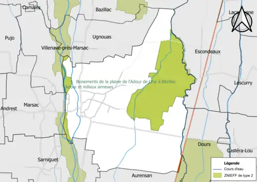 Carte des ZNIEFF de type 2 sur la commune.