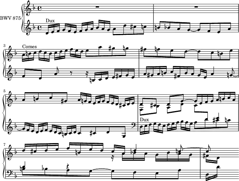 
\version "2.18.2"
\header {
  tagline = ##f
}

Dux   = { \omit TupletNumber \tuplet 3/2 { d16^\markup{Dux}[ e f] } \tuplet 3/2 { g f e } \tuplet 3/2 { f[ g a] } \tuplet 3/2 { bes a g } a8 d cis c b bes a g~ g f e a }
Comes = { \omit TupletNumber \tuplet 3/2 { a16^\markup{Comes}[ b c] } \tuplet 3/2 { d c b } \tuplet 3/2 { c[ d e] } \tuplet 3/2 { f e d } e8 a gis g fis f e d~ d c b e }

upper = \relative c'' {
  \clef treble 
  \key d \minor
  \time 4/4
  \tempo 4 = 69 
  \set Staff.midiInstrument = #"harpsichord" 

   %% FUGUE CBT II-6, BWV 875, ré mineur
   R1*2 \Comes a,8 b c gis \omit TupletNumber \tuplet 3/2 { a16 g f } \tuplet 3/2 { e[ f g] } \tuplet 3/2 { f e d } \tuplet 3/2 { cis[ d e] }
   << { d8 cis d[ g~] g16 e f g a b c a | d cis d e f b, e  d cis a d4 c8~ | c8 } \\ { f,, bes a[ d] cis8  \stemUp \change Staff = "lower" d e4 d d4\rest \stemDown \change Staff = "upper" r16 a'16 bes a g bes a g | fis[ d] } >>
   
}

lower = \relative c' {
  \clef bass 
  \key d \minor
  \time 4/4
  \set Staff.midiInstrument = #"harpsichord" 
    
   \clef treble 
   \Dux f8[ d] a' r8 r16 b,16 c d e fis g e a gis a b c fis, b a gis e a4 g8~ \omit TupletNumber \tuplet 3/2 { g16 f e } \tuplet 3/2 { d[ e f] } \tuplet 3/2 { e d c } \tuplet 3/2 { b[ c d] } 
   c8 cis d g,
   \clef bass
   \Dux d,16[  { \tag #'print { d'16] } \tag #'midi { s16 } } % d'] %
} 

\score {
  \new PianoStaff <<
    \set PianoStaff.instrumentName = #"BWV 875"
    \new Staff = "upper" \upper
    \new Staff = "lower" \lower
  >>
  \layout {
    \context {
      \Score
      \remove "Metronome_mark_engraver"
    }
  }
  \midi { }
}

