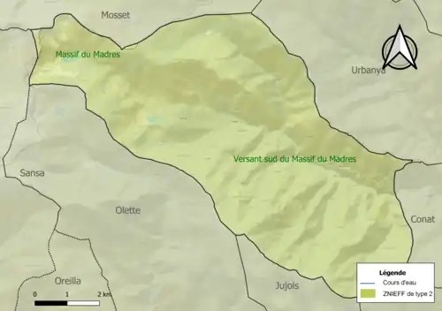 Carte des ZNIEFF de type 2 sur la commune.