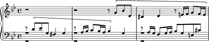 
\version "2.14.2"
\header {
  tagline = ##f
}
upper = \relative c'' {
  \clef treble 
  \key g \minor
  \time 4/4
  \tempo 4 = 62
  %\autoBeamOff

    r1 |
    r2 r8\[ g8 bes d, |
    cis4 d r8 e!16 f g8 f16 e\]

}

lower = \relative c {
  \clef bass
  \key g \minor
  \time 4/4

    << { r8\[ d'8 ees g, fis4 g } \\ { r1 } \\ { r1 } >> 
    << { r8 a16 bes c8 bes16 a bes4\] g } \\ { r1 } \\ { r1 } >> 
    << { r8 a16 g f8 g16 a bes8 g e! cis' } \\ { r1 } \\ { r1 } >> 
}

\score {
  \new PianoStaff <<
    % \set PianoStaff.instrumentName = #"BWV 861"
    \new Staff = "upper" \upper
    \new Staff = "lower" \lower
  >>
  \layout {
    \context {
      \Score
      \remove "Metronome_mark_engraver"
    }
  }
  \midi { }
}
