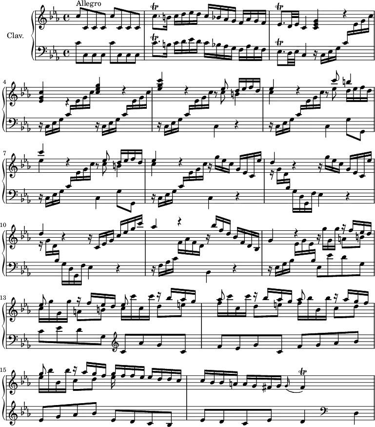 
\version "2.18.2"
\header {
  tagline = ##f
  % composer = "Domenico Scarlatti"
  % opus = "K. 37"
  % meter = "Allegro"
}

%% les petites notes
trillCqpUp       = { \tag #'print { c'8.\trill } \tag #'midi { d32 c d c~ c16 } }
trillEesqp       = { \tag #'print { ees8.\trill } \tag #'midi { f32 ees f ees~ ees16 } }
trillFis         = { \tag #'print { fis4\trill } \tag #'midi { g32 fis g fis~ fis8 } }

upper = \relative c'' {
  \clef treble 
  \key c \minor
  \time 4/4
  \tempo 4 = 100
  \set Staff.midiInstrument = #"harpsichord"
  \override TupletBracket.bracket-visibility = ##f

      s8*0^\markup{Allegro}
      \repeat unfold 2 { c8 c, c c } | \trillCqpUp b16 c d ees d c bes aes g f aes g f | \trillEesqp d32 ees c4 < c ees g >4 d'4\rest
      % ms. 4
      < ees, g c >4 d4\rest \stemUp < c' ees g >4 d4\rest | < ees g c >4 d4\rest r8 << { ees8 d16 ees f d | ees4 } \\ { c8 b4 | c } >> d4\rest r8 << { c'8 b4 | c } \\ { ees,8 d16 ees f d | ees4 } >>
      % ms. 7 suite
      d4\rest r8 << { ees8 d16 ees f d | ees4 } \\ { c8 b4 | c } >> d4\rest \repeat unfold 2 { \stemNeutral r16 g16 ees c g ees c ees' |
      % ms. 10
      \stemUp d4 r4 } r16 c,16  ees g c ees g c | aes4 d4\rest r16 bes16 f d bes f d bes | 
      % ms. 12
      g'4  d'4\rest r16  
      << { s8. r16 f16 ees d | ees8   s8 r16 f16 ees d | ees8  s8 r16 bes'16 aes g |
         % ms. 14 haut
      aes8 s8 r16 bes16 aes g | aes8 s8 r16 aes16 g f g8 s8 r16 aes16 g f g f f ees }
      \\ { g16 g, g' a,8 b | c16   g' g, g' a,8 b | c16 c' c, c' d,8 e |
         % ms. 14 bas
      f16 c' c, c' d,8 e f16 bes bes, bes' c,8 d | ees16 bes' bes, bes' c,8 d ees16 } >> ees16 d d c |
      % ms. 16
      c16 bes bes a a g fis g \appoggiatura g16 \trillFis

}

lower = \relative c' {
  \clef bass
  \key c \minor
  \time 4/4
  \set Staff.midiInstrument = #"harpsichord"
  \override TupletBracket.bracket-visibility = ##f

    % ************************************** \appoggiatura a8  \repeat unfold 2 {  } \times 2/3 { }   \omit TupletNumber 
      \repeat unfold 2 { c8 c, c c } | \trillCqpUp b16 c d ees d c bes aes g f aes g f | \trillEesqp d32 ees c4 \repeat unfold 4 { r16 c16 ees g \stemUp c \stemDown \change Staff = "upper"  ees g c \change Staff = "lower" } c,,4 r4
      % ms. 6
      \repeat unfold 2 { r16 c16 ees g \stemUp c \stemDown \change Staff = "upper"  ees g c \change Staff = "lower"  c,,4 g'8 g, }
      % ms. 8
      r16 c16 ees g \stemUp c \stemDown \change Staff = "upper"  ees g c \change Staff = "lower"  c,,4 r4 | 
      \repeat unfold 2 { \stemDown \change Staff = "upper" r16 g''16 d \stemUp \change Staff = "lower" bes \stemDown g d g, f' ees4 r4 } |
      % ms. 11
      r16 f16 aes c \stemDown \change Staff = "upper" f aes f d  \change Staff = "lower"   bes,4 r4 |
      % ms. 12
      r16 ees16 g bes \stemDown \change Staff = "upper"  ees g ees \stemUp \change Staff = "lower"  bes  \stemNeutral ees,8 ees' d g, | c ees d g,    \clef treble  c aes' g c, |
      % ms. 14
      f8 ees g c, f g aes bes | ees, g aes bes ees, d c bes | ees d c ees d4    \clef bass d,

}

thePianoStaff = \new PianoStaff <<
    \set PianoStaff.instrumentName = #"Clav."
    \new Staff = "upper" \upper
    \new Staff = "lower" \lower
  >>

\score {
  \keepWithTag #'print \thePianoStaff
  \layout {
      #(layout-set-staff-size 17)
    \context {
      \Score
     \override SpacingSpanner.common-shortest-duration = #(ly:make-moment 1/2)
      \remove "Metronome_mark_engraver"
    }
  }
}

\score {
  \keepWithTag #'midi \thePianoStaff
  \midi { }
}
