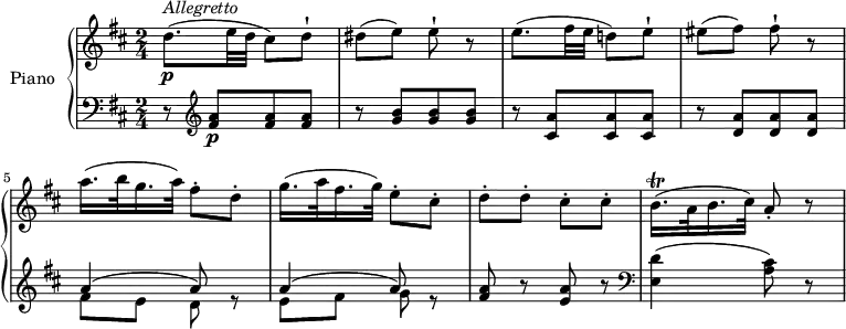 
\version "2.18.2"
\header {
  tagline = ##f
}

upper = \relative c' {
  \clef treble 
  \key d \major
  \time 2/4
  \tempo "Allegretto" 4 = 90
    d'8.\p ^\markup{ \italic {Allegretto} } (e32 d cis8) d-!
    dis (e) e-! r
    e8. (fis32 e d!8) e-!
    eis (fis) fis-! r
    a16. (b32 g16. a32) fis8-. d-.
    g16. (a32 fis16. g32) e8-. cis-.
    d-. d-. cis-. cis-.
    b16. \trill (a32 b16. cis32) a8-. r
}

lower = \relative c {
  \clef bass
  \key d \major
  \time 2/4
  r8 \clef treble <fis' a>8\p [<fis a> <fis a>]
  r <g b> [<g b> <g b>]
  r <cis, a'> [<cis a'> <cis a'>]
  r <d a'> [<d a'> <d a'>]
  <<{\stemDown fis8 e d s e fis g s} \\ {\stemUp a4 ^ (a8) r a4 ^(a8) r}>>
  <fis a>8 r <e a> r \clef bass
  <e, d'>4 (<a cis>8) r
} 

\score {
  \new PianoStaff <<
    \set PianoStaff.instrumentName = #"Piano"
    \new Staff = "upper" \upper
    \new Staff = "lower" \lower
  >>
  \layout {
    \context {
      \Score
      \remove "Metronome_mark_engraver"
    }
  }
  \midi { }
}
