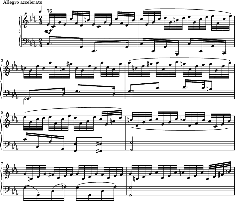 
\version "2.18.2"
\header {
  tagline = ##f
}
upper = \relative c' {
  \clef treble 
  \key c \minor
  \time 2/4
  \tempo 4 = 76

   %%Montgeroult — Étude 45 (pdf p. 135)
   s4*0\mf \repeat unfold 2 { ees32[ c g' ees] c' f, d b' }
   c32[( ees, g c] d g, b d ees[ g, c ees] f f, c' f)
   \repeat unfold 2 { b, g d' b g'[ c, a fis'] }
   g32( b, d fis g[ aes, ees' aes] f! aes, d ees f[ g, d' g])
   ees( g, c d ees[ f, c' f] d f, aes ees' c[ ees, a d])
   b( d, g b c[ ees, g c] bes d, f bes aes[ c, ees aes])
   \repeat unfold 2 { g32 b, d g fis[ c ees fis] }
   g32 b, d g aes[ c, ees aes] a c, ees a b,[ d fis b] 

}

lower = \relative c {
  \clef bass
  \key c \minor
  \time 2/4

   c8. g16 c,8. g'16 c16 c, g' g, c' c, aes' aes,
   << { g'8. d'16 g8. d16 g8 c d16. c32 b8 c16 c, aes' aes, < f' f, >8 < fis fis, > } \\ { g,2 g' } >>
   < g g, >2
    g16( g,) d'( a')  g16( g, d' a')
   < g g, >2

}

  \header {
    piece = "Allegro accelerato"
  }

\score {
  \new PianoStaff <<
    \new Staff = "upper" \upper
    \new Staff = "lower" \lower
  >>
  \layout {
    \context {
      \Score
      
    }
  }
  \midi { }
}
