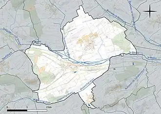 Carte en couleur présentant le réseau hydrographique de la commune