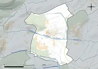 Carte en couleur présentant le réseau hydrographique de la commune