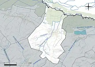 Carte en couleur présentant le réseau hydrographique de la commune