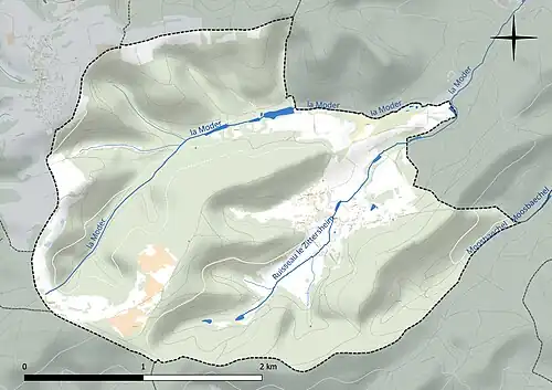 Carte en couleur présentant le réseau hydrographique de la commune