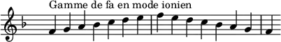 
\relative c' { 
  \key f \ionian
  \clef treble \time 7/4 \hide Staff.TimeSignature f4^\markup { Gamme de fa en mode ionien } g a bes c d e f e d c bes a g f
}
