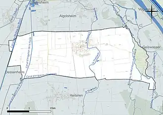 Carte en couleur présentant le réseau hydrographique de la commune