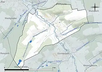 Carte en couleur présentant le réseau hydrographique de la commune