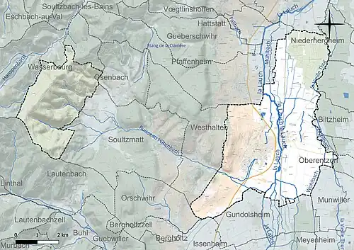 Carte en couleur présentant le réseau hydrographique de la commune