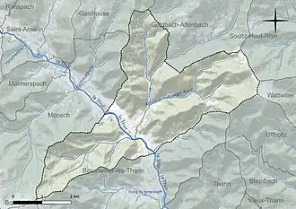 Carte en couleur présentant le réseau hydrographique de la commune